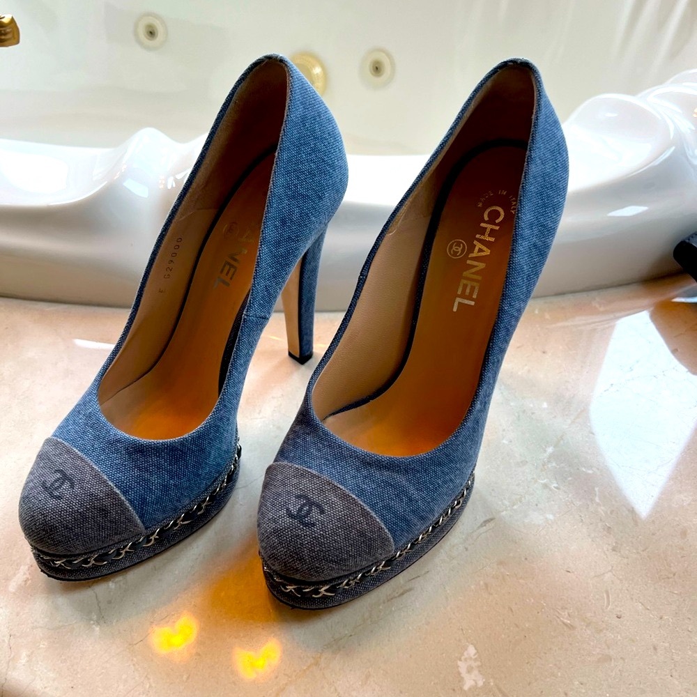 Chanel Denim Chain Around Cap Toe Platform Pumps 40 Blue Gris Fonce